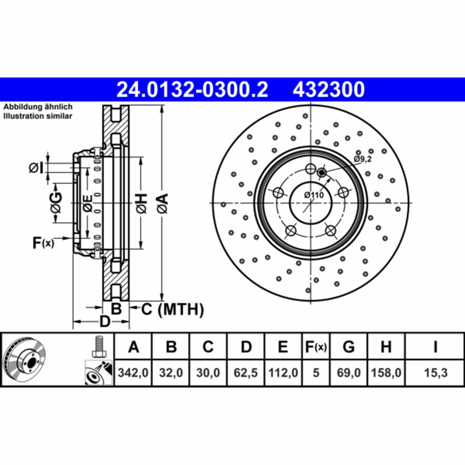 ATE Disc Brake Rotor  top view frsport 432300