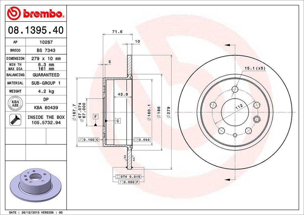 brembo disc brake rotor  frsport 08.1395.40