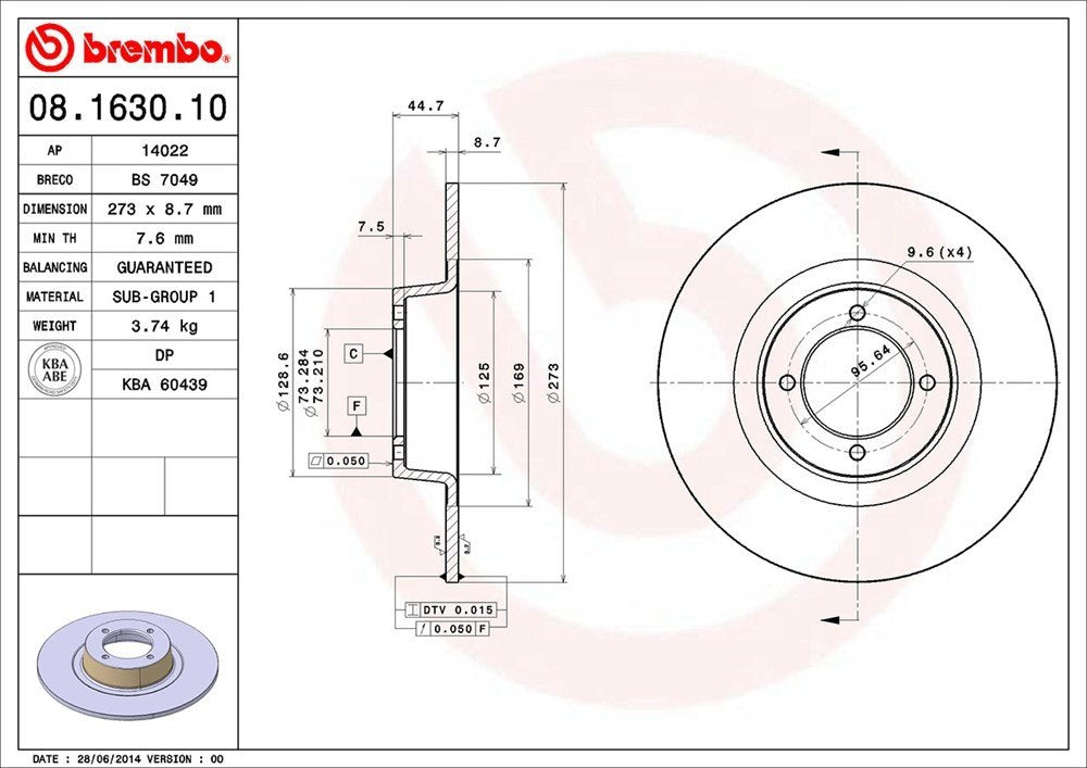 brembo disc brake rotor  frsport 08.1630.10