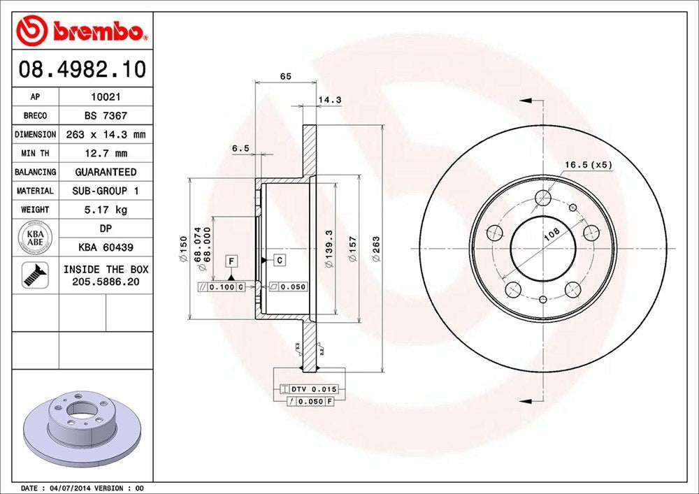 brembo disc brake rotor  frsport 08.4982.10