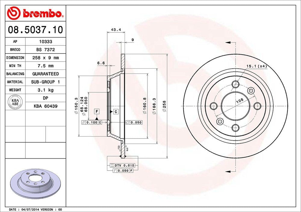 brembo disc brake rotor  frsport 08.5037.10