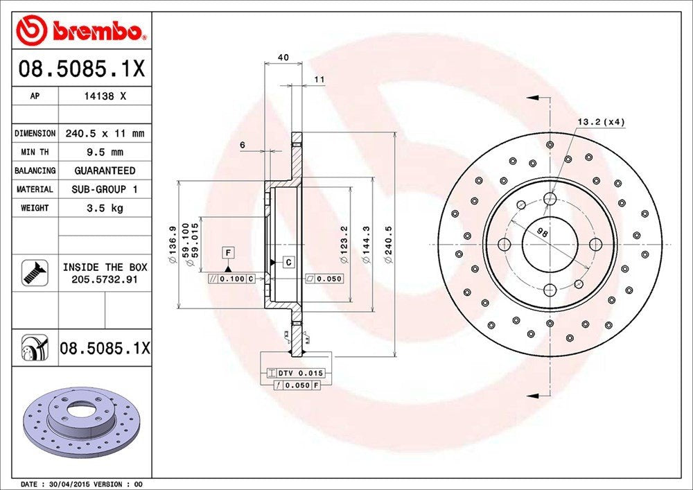 brembo disc brake rotor  frsport 08.5085.1x