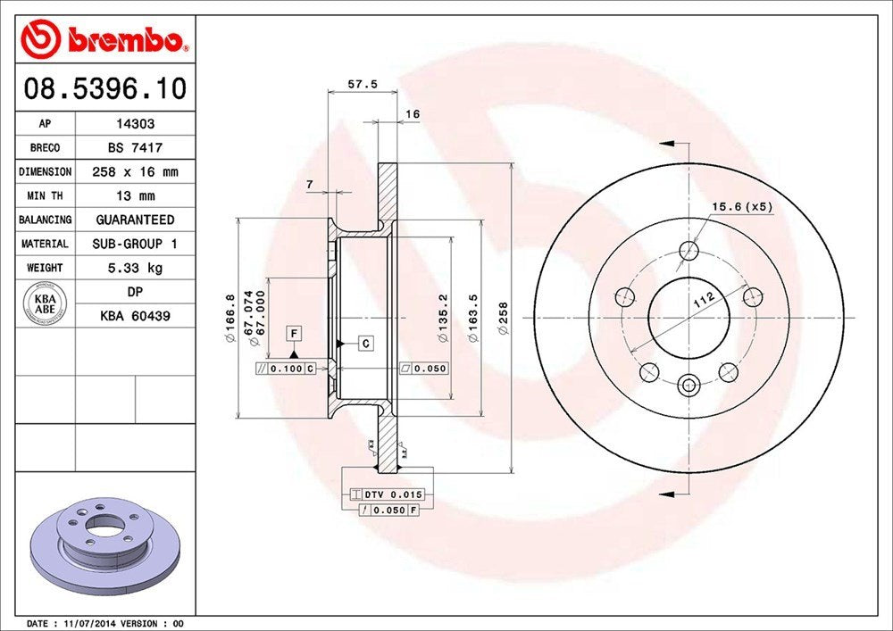 brembo disc brake rotor  frsport 08.5396.10