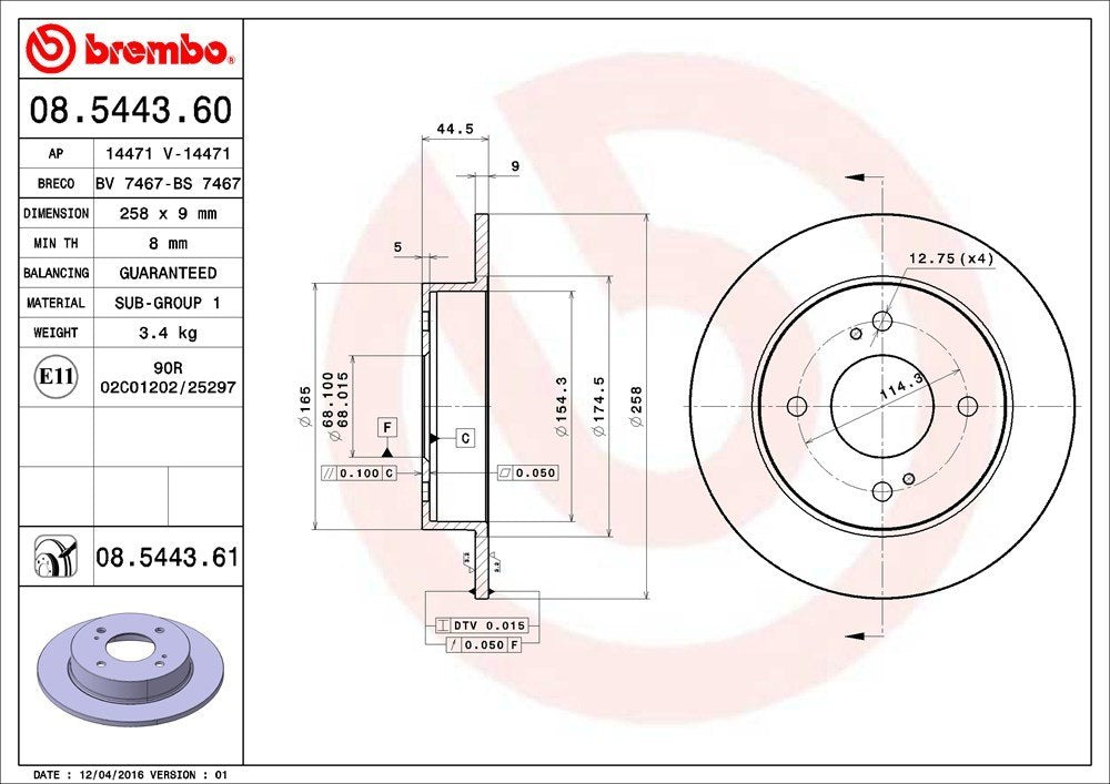 brembo disc brake rotor  frsport 08.5443.61