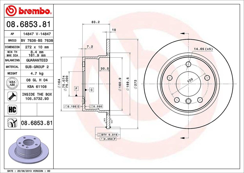 brembo disc brake rotor  frsport 08.6853.81