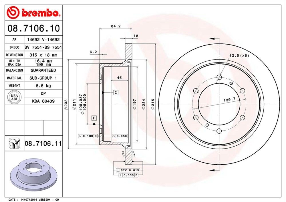 brembo disc brake rotor  frsport 08.7106.11