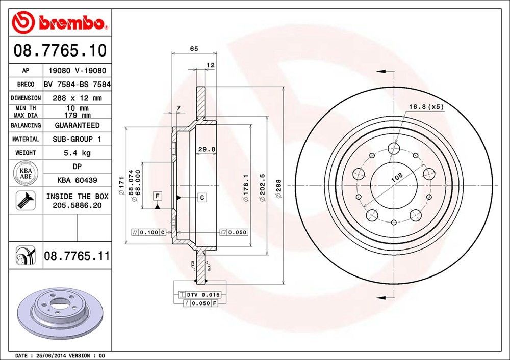 brembo disc brake rotor  frsport 08.7765.11