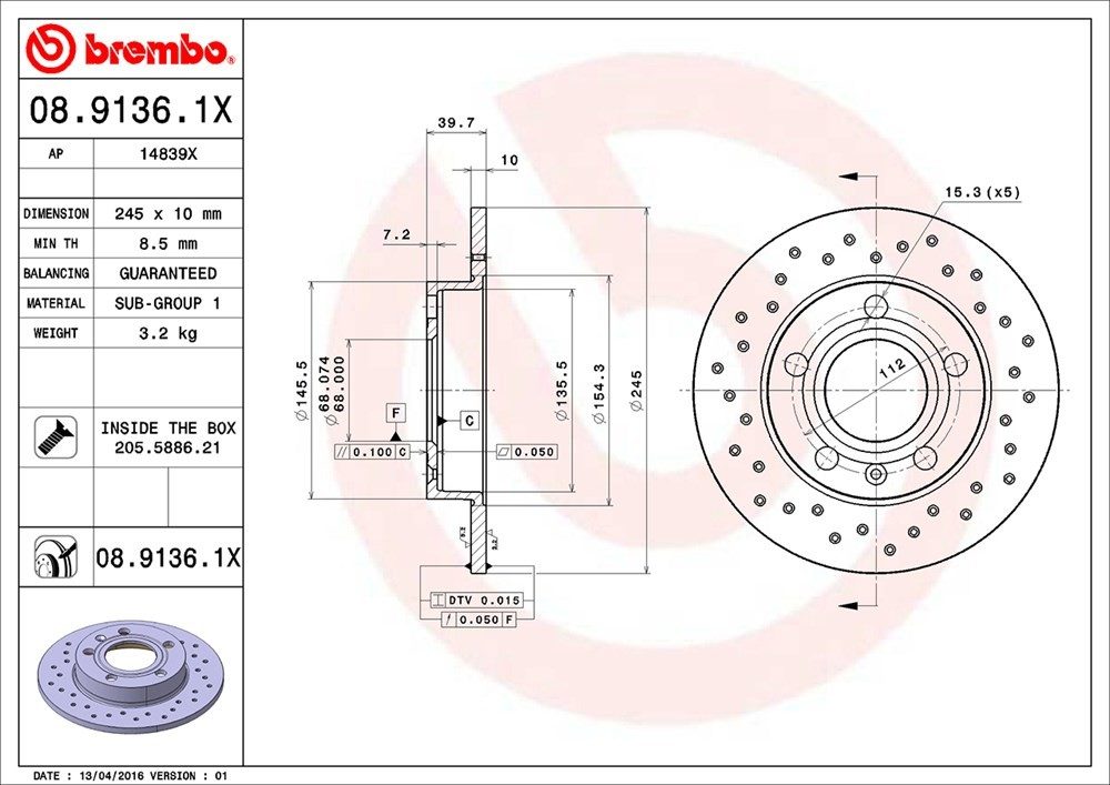 brembo disc brake rotor  frsport 08.9136.1x