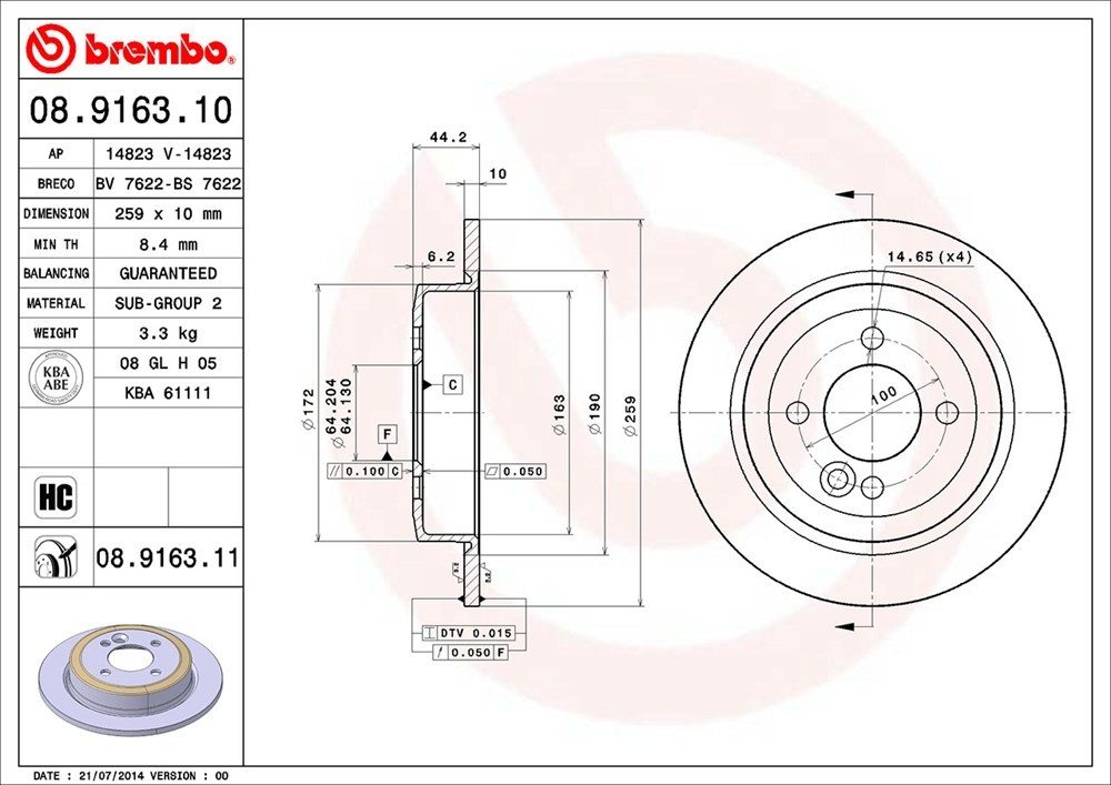 brembo disc brake rotor  frsport 08.9163.11