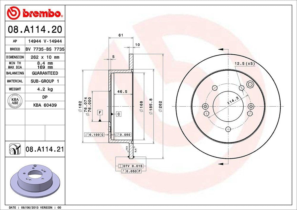 brembo disc brake rotor  frsport 08.a114.21