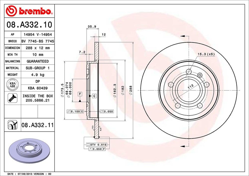 brembo disc brake rotor  frsport 08.a332.11