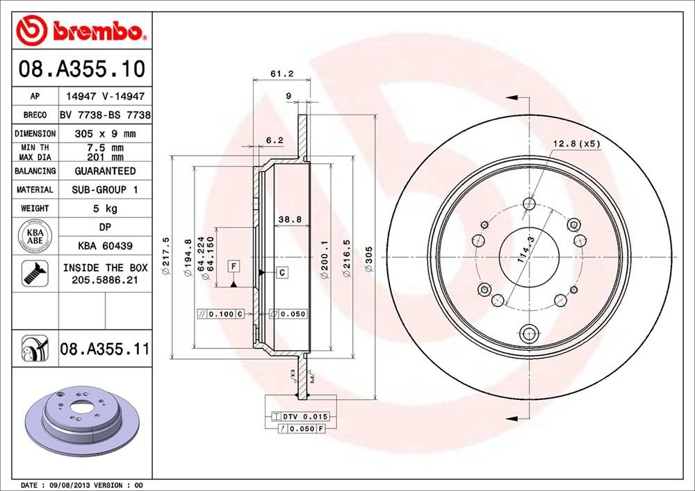 brembo disc brake rotor  frsport 08.a355.11