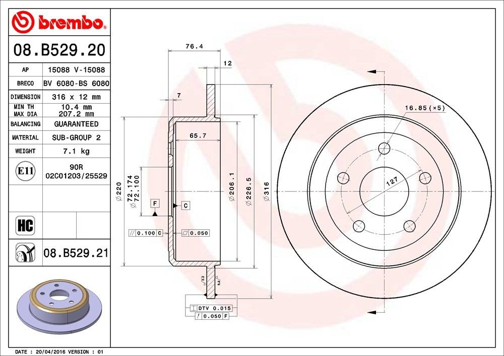 brembo disc brake rotor  frsport 08.b529.21