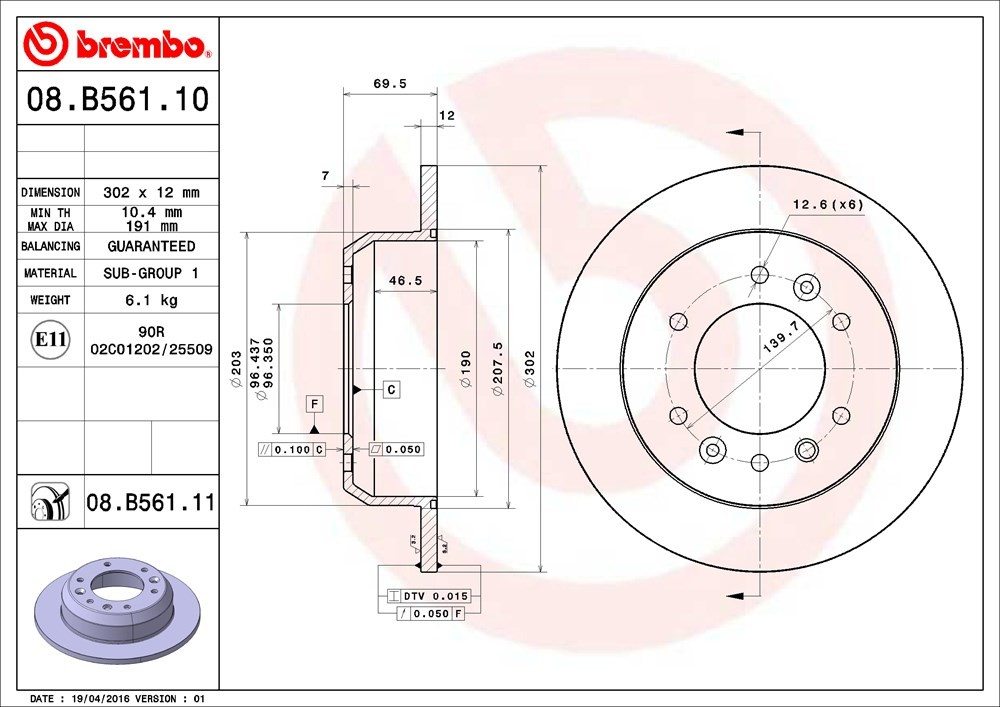 brembo disc brake rotor  frsport 08.b561.11