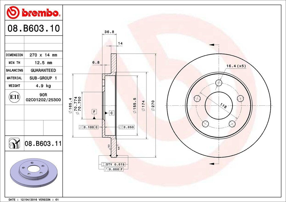 brembo disc brake rotor  frsport 08.b603.11