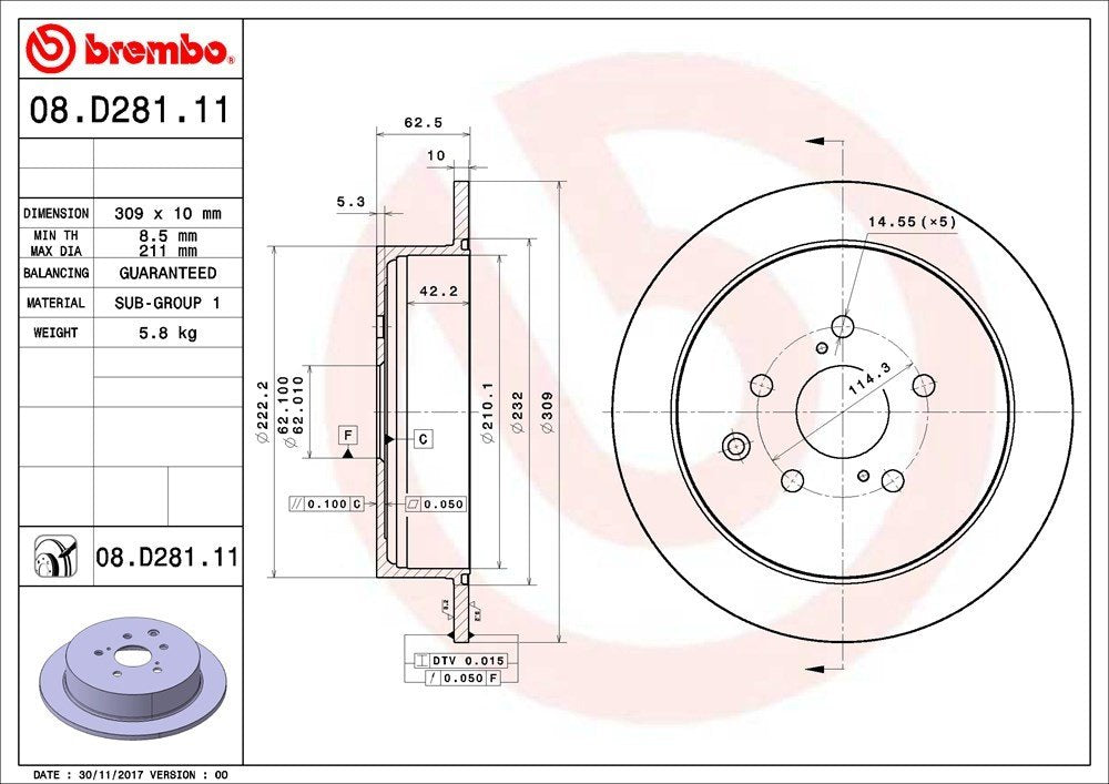 brembo disc brake rotor  frsport 08.d281.11