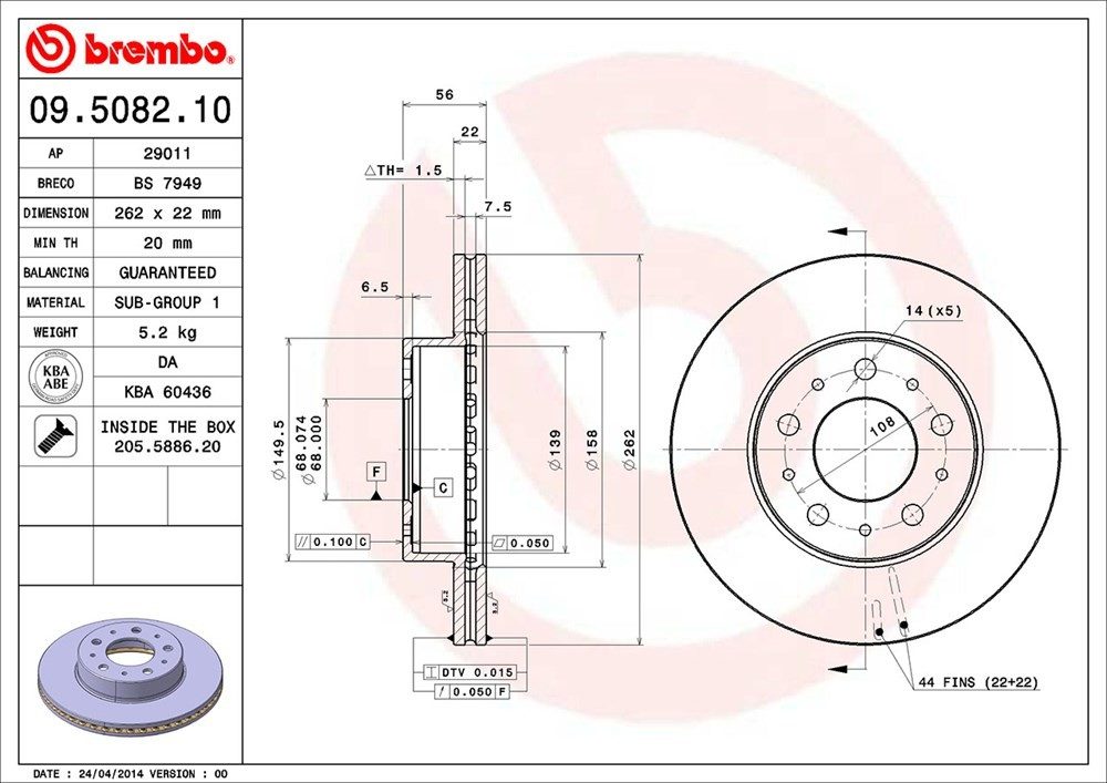 brembo disc brake rotor  frsport 09.5082.10