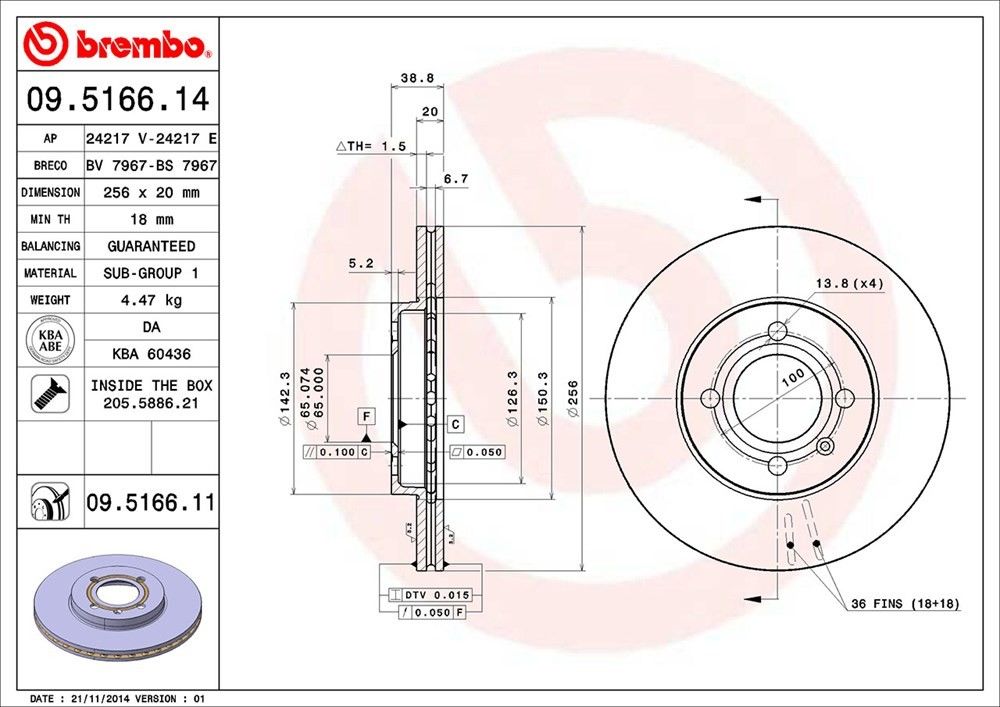 brembo disc brake rotor  frsport 09.5166.11