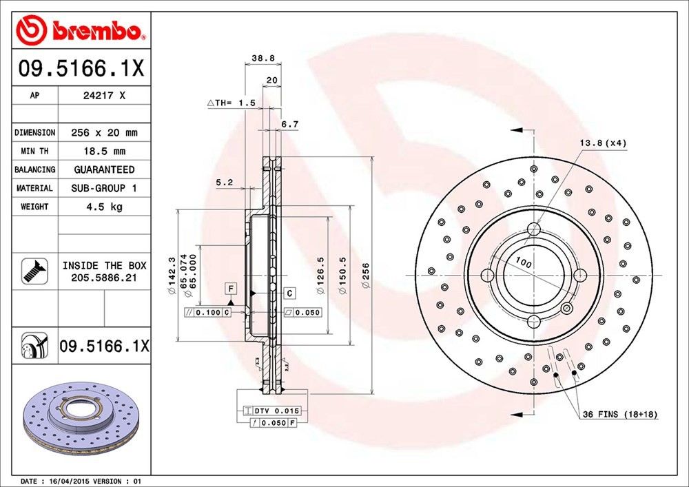 brembo disc brake rotor  frsport 09.5166.1x