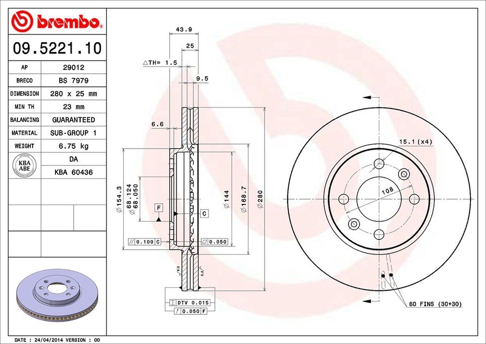 brembo disc brake rotor  frsport 09.5221.10