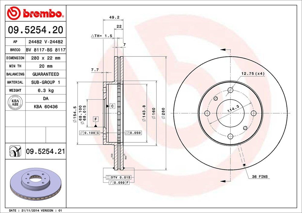 brembo disc brake rotor  frsport 09.5254.21