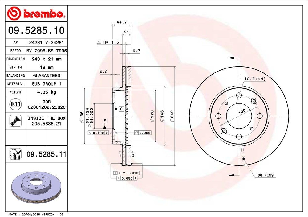 brembo disc brake rotor  frsport 09.5285.11