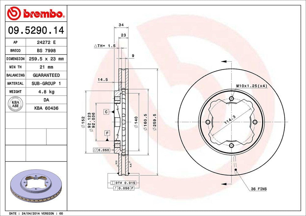 brembo disc brake rotor  frsport 09.5290.14