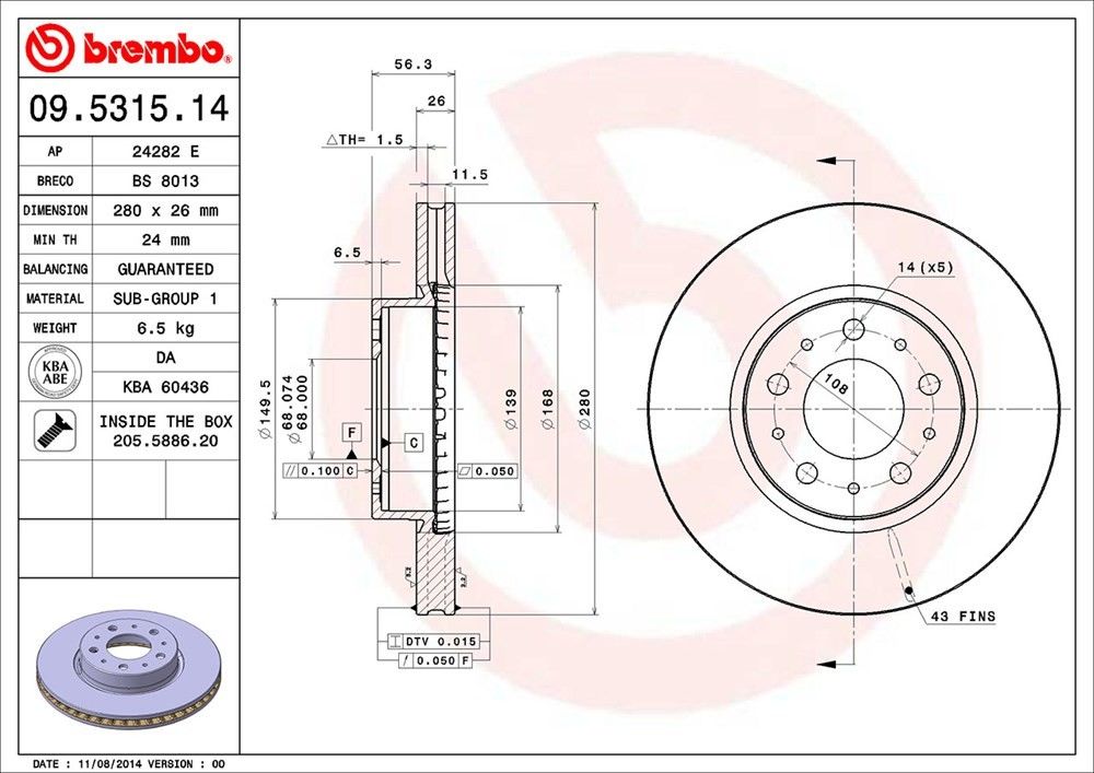 brembo disc brake rotor  frsport 09.5315.14