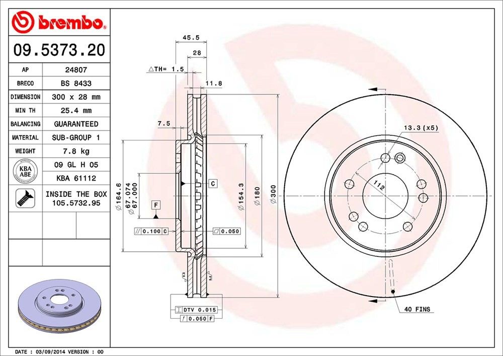 brembo disc brake rotor  frsport 09.5373.20