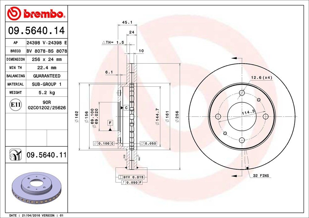 brembo disc brake rotor  frsport 09.5640.11