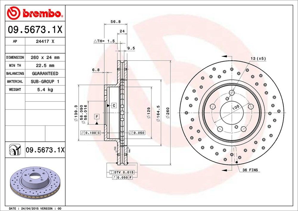 brembo disc brake rotor  frsport 09.5673.1x