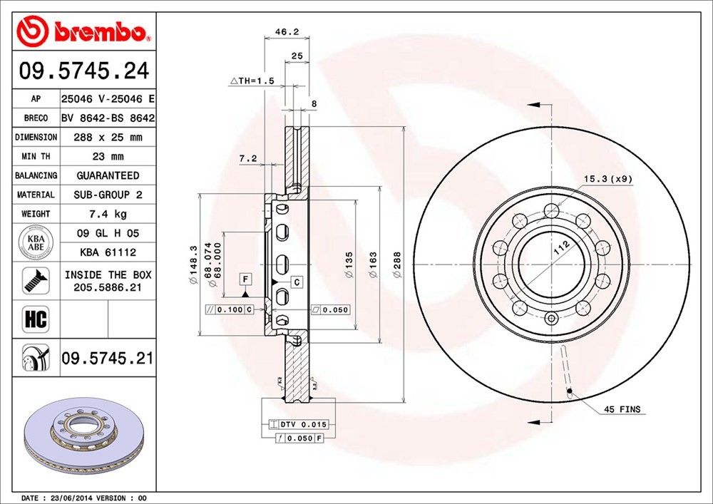 brembo disc brake rotor  frsport 09.5745.21