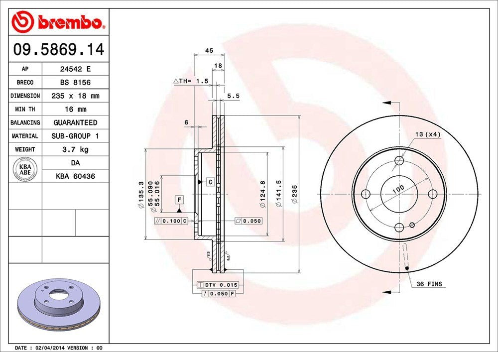 brembo disc brake rotor  frsport 09.5869.14