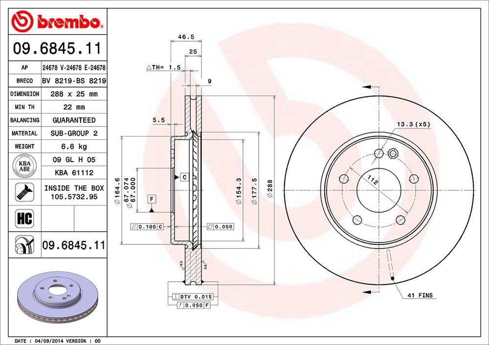 brembo disc brake rotor  frsport 09.6845.11