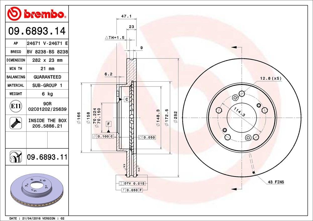 brembo disc brake rotor  frsport 09.6893.11