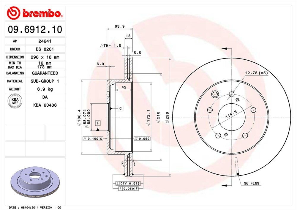 brembo disc brake rotor  frsport 09.6912.10