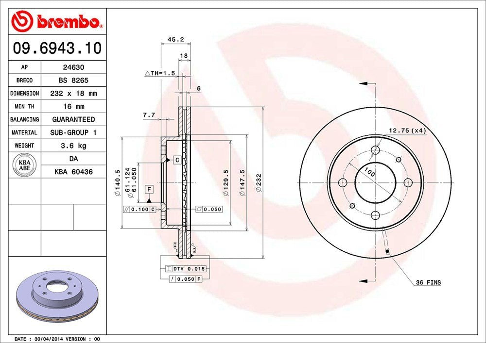 brembo disc brake rotor  frsport 09.6943.10