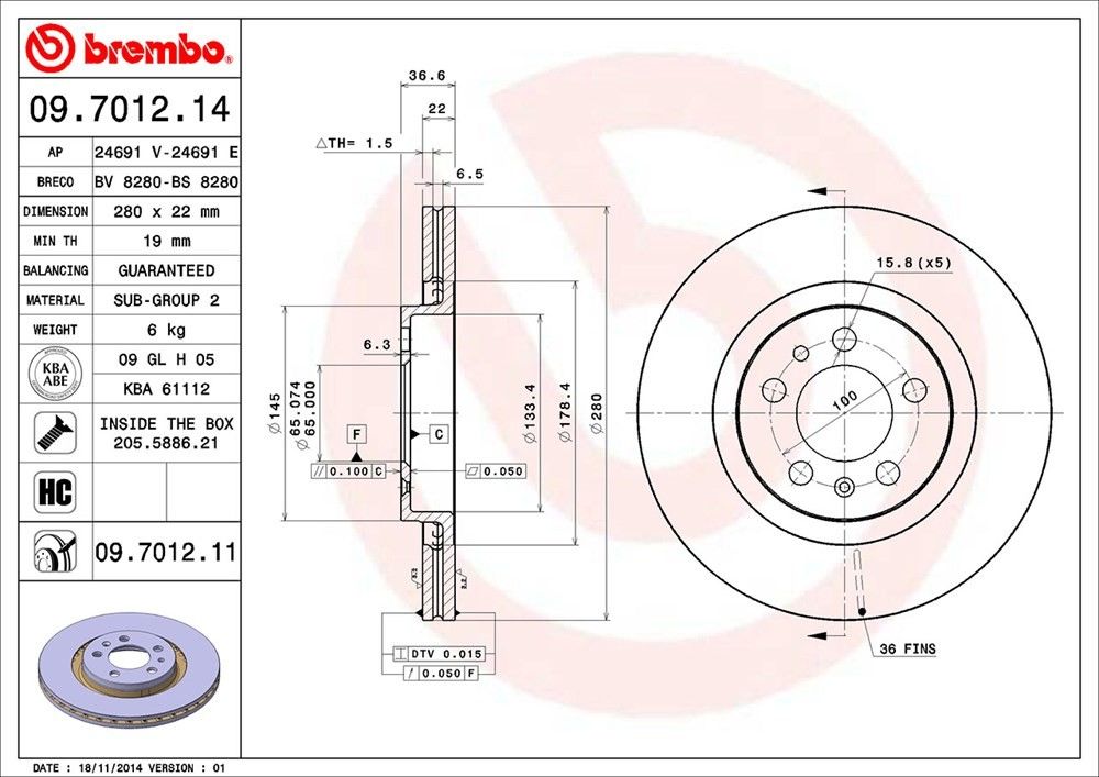 brembo disc brake rotor  frsport 09.7012.11