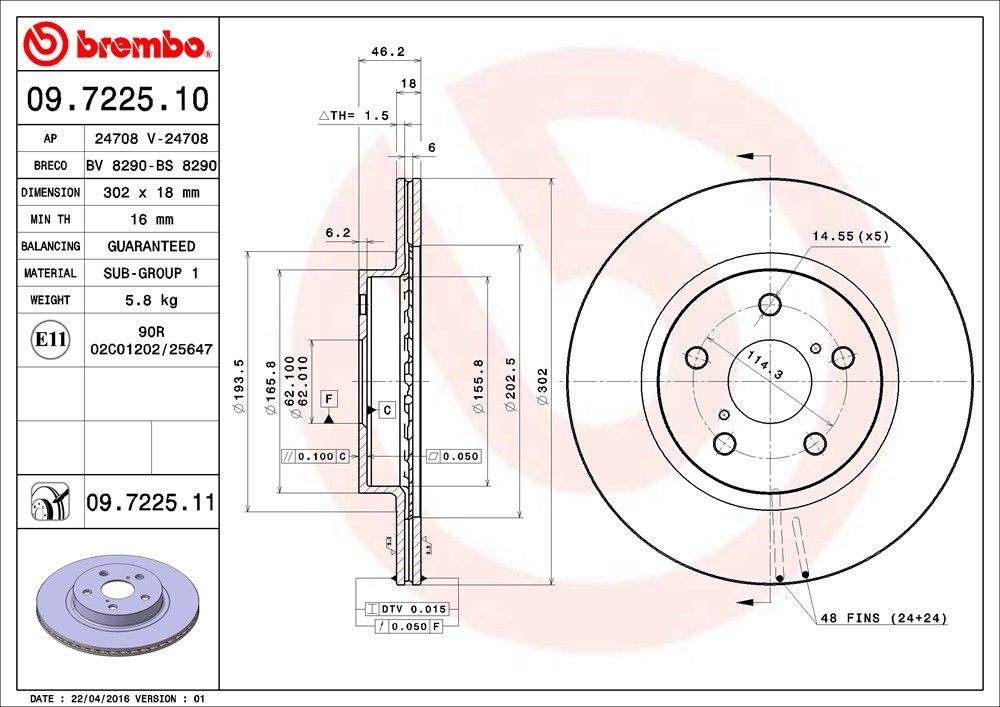 brembo disc brake rotor  frsport 09.7225.11