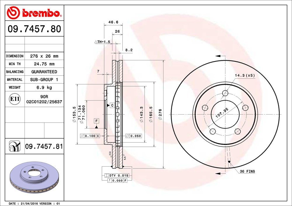 brembo disc brake rotor  frsport 09.7457.81