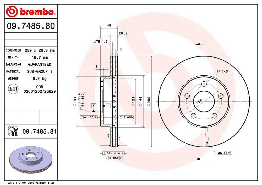 brembo disc brake rotor  frsport 09.7485.81