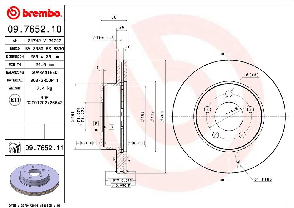 brembo disc brake rotor  frsport 09.7652.11