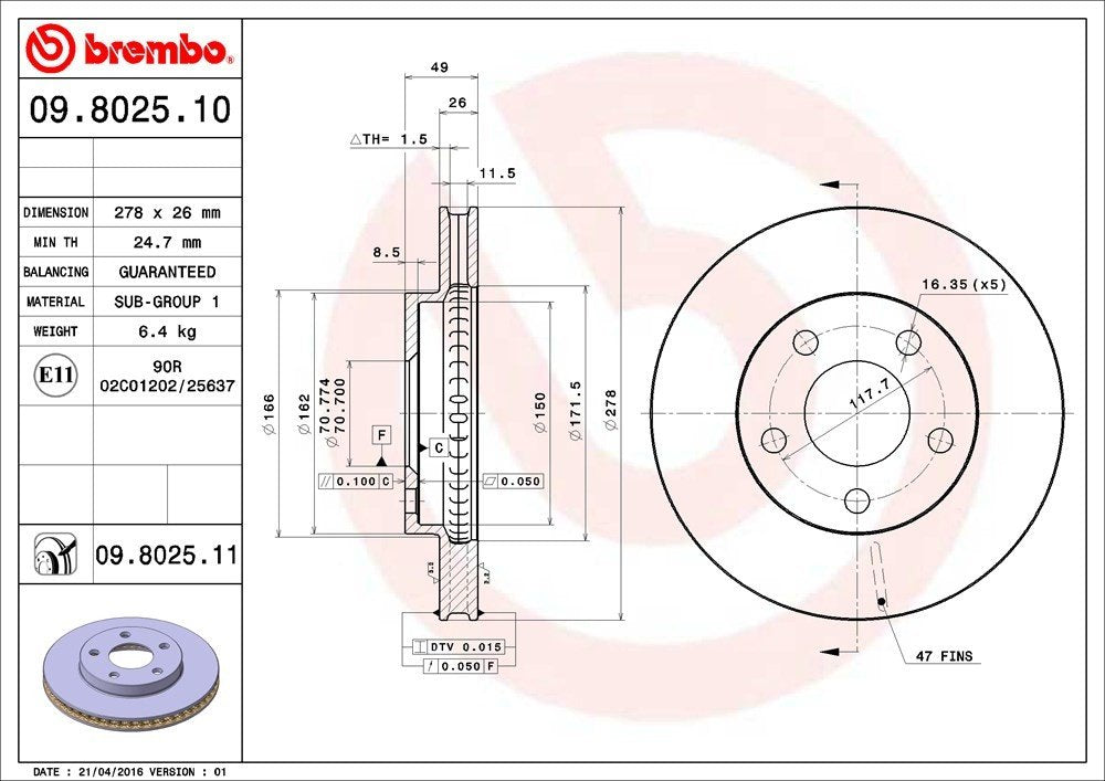 brembo disc brake rotor  frsport 09.8025.11