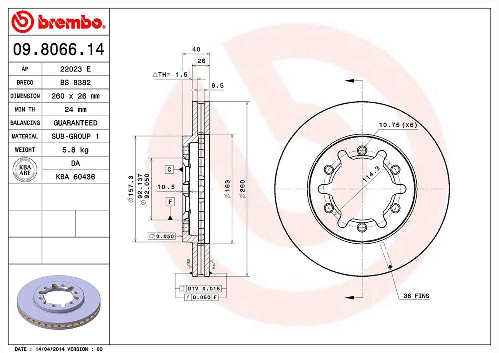 brembo disc brake rotor  frsport 09.8066.14