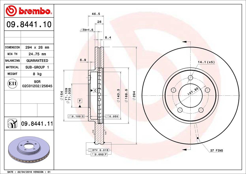 brembo disc brake rotor  frsport 09.8441.11