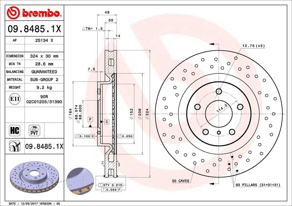 brembo disc brake rotor  frsport 09.8485.1x