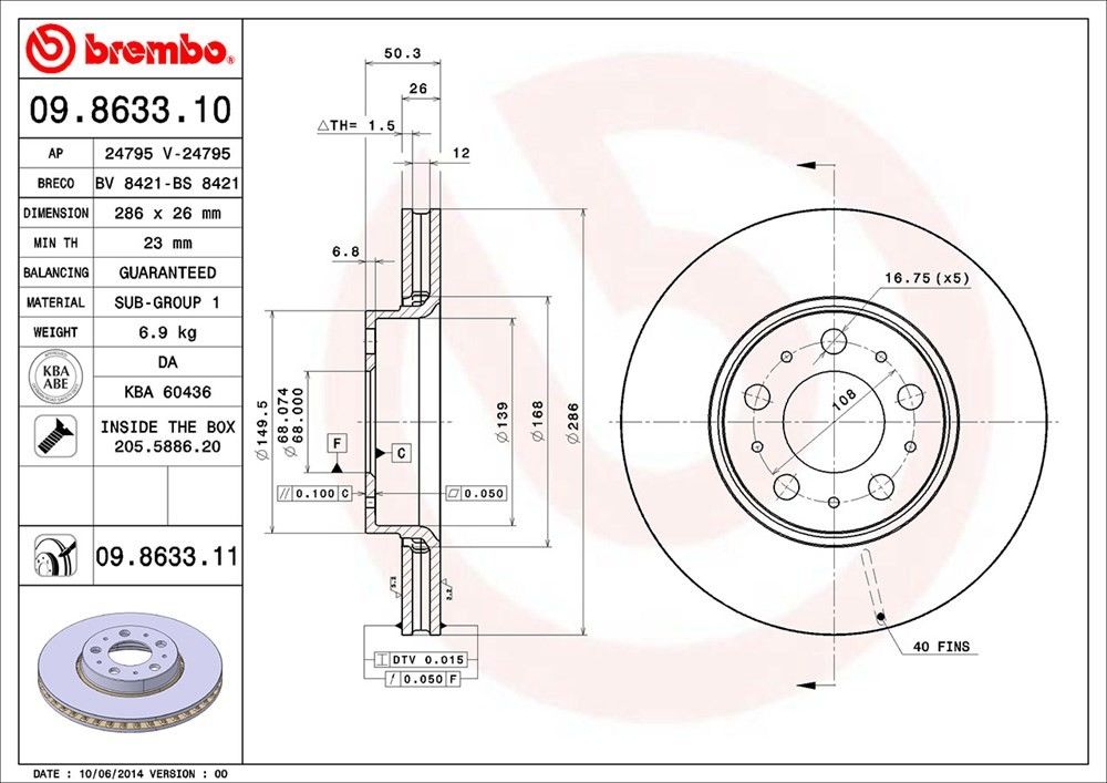 brembo disc brake rotor  frsport 09.8633.11