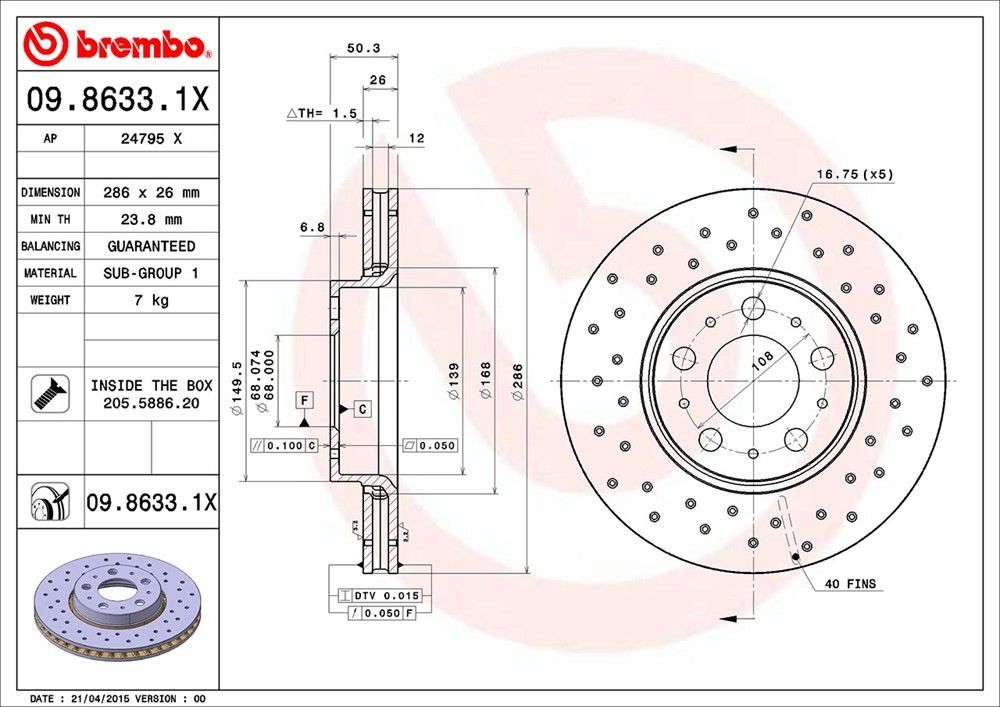 brembo disc brake rotor  frsport 09.8633.1x