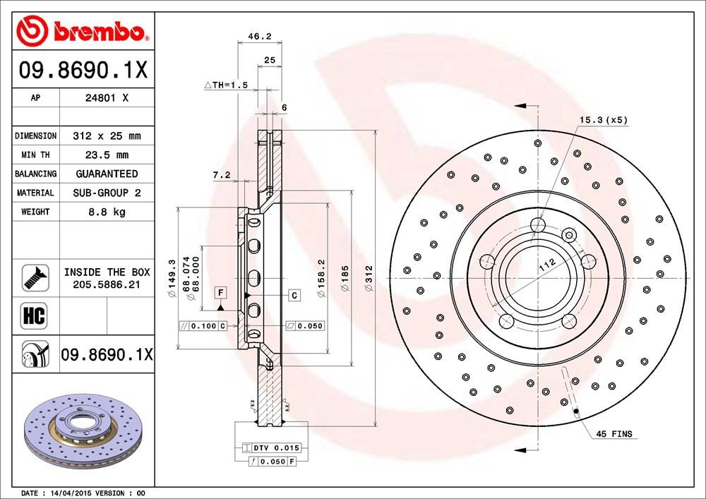 brembo disc brake rotor  frsport 09.8690.1x