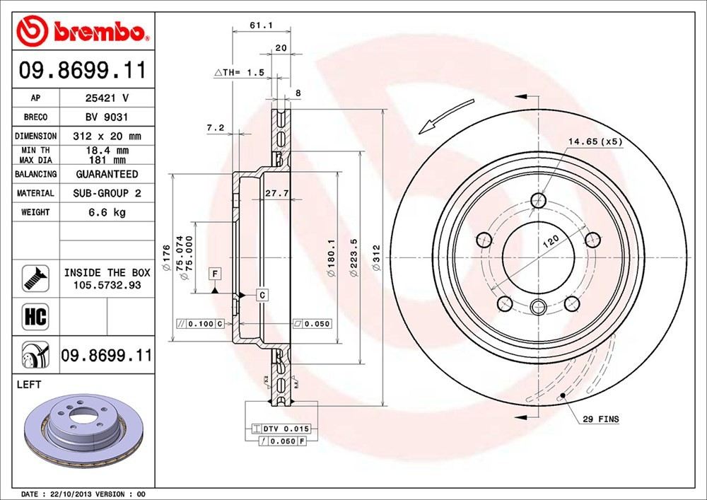 brembo disc brake rotor  frsport 09.8699.11